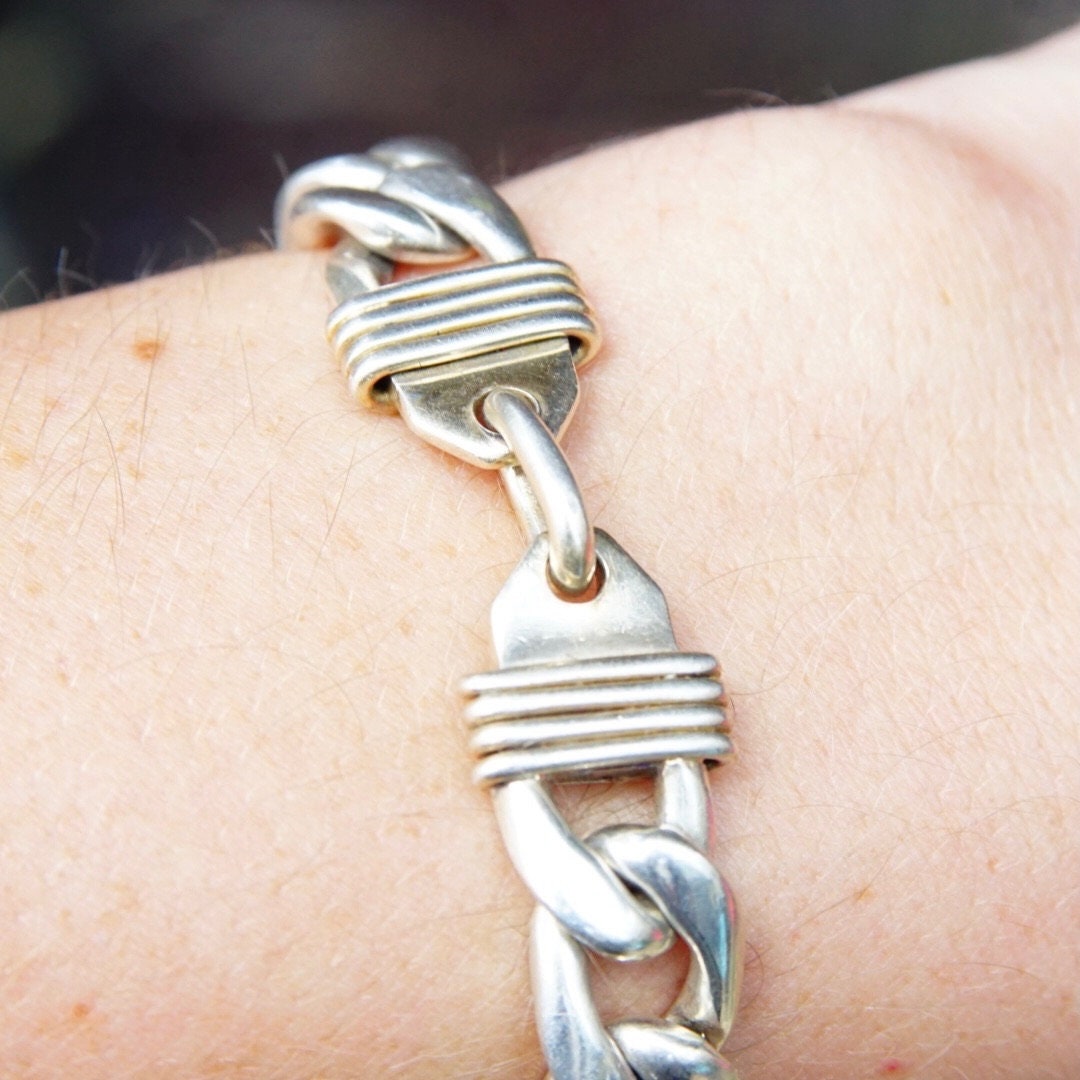 Vintage Modernist Sterling Silver Cuban Link Bracelet, Signed Inger K 925, Solid Silver Chain Link Bracelet, Unisex Bracelet, 7 1/2" Long
