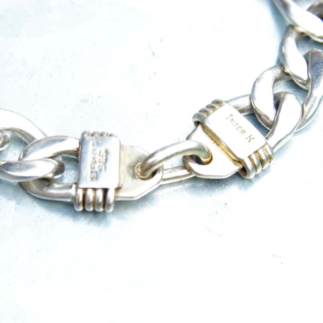 Vintage Modernist Sterling Silver Cuban Link Bracelet, Signed Inger K 925, Solid Silver Chain Link Bracelet, Unisex Bracelet, 7 1/2" Long