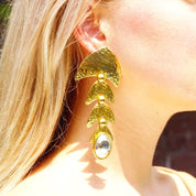 Vintage Two-Tone Crinkle Abstract Fish Earrings, Large Mixed Metal Dangle Earrings, Tiered Gold Panels, Reflective Silver Orb, 4 1/4" Long
