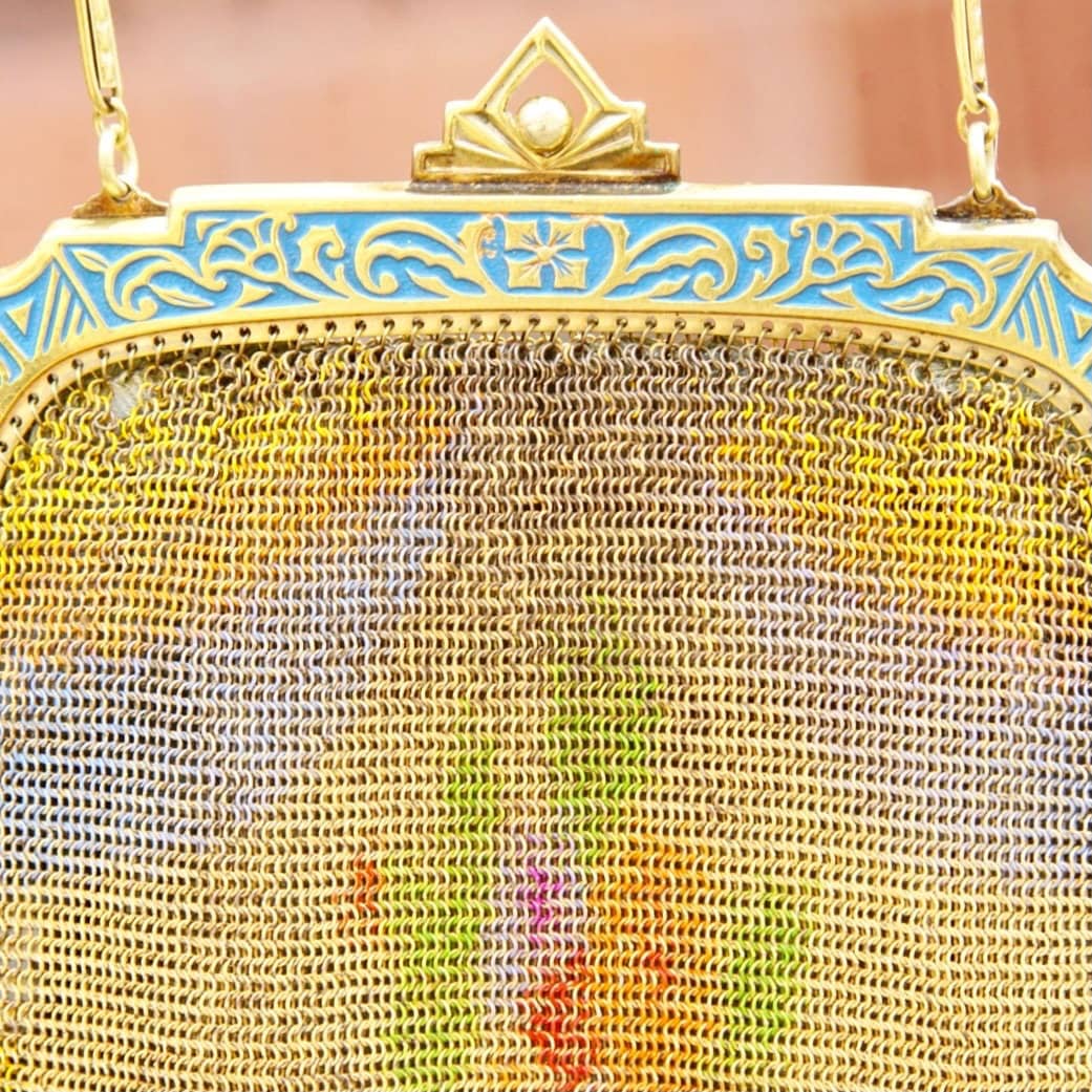 Antique Art Deco/Nouveau Fine Mesh Evening Purse, Hand Painted Chainmail Bag W/ Compact Mirror, Ornate Blue Enamel Trim & Silk Lining, 6" L