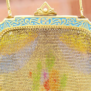 Antique Art Deco/Nouveau Fine Mesh Evening Purse, Hand Painted Chainmail Bag W/ Compact Mirror, Ornate Blue Enamel Trim & Silk Lining, 6" L
