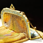Antique Art Deco/Nouveau Fine Mesh Evening Purse, Hand Painted Chainmail Bag W/ Compact Mirror, Ornate Blue Enamel Trim & Silk Lining, 6" L