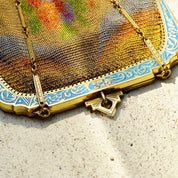 Antique Art Deco/Nouveau Fine Mesh Evening Purse, Hand Painted Chainmail Bag W/ Compact Mirror, Ornate Blue Enamel Trim & Silk Lining, 6" L