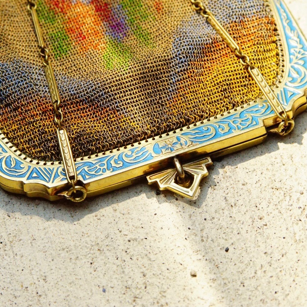 Antique Art Deco/Nouveau Fine Mesh Evening Purse, Hand Painted Chainmail Bag W/ Compact Mirror, Ornate Blue Enamel Trim & Silk Lining, 6" L