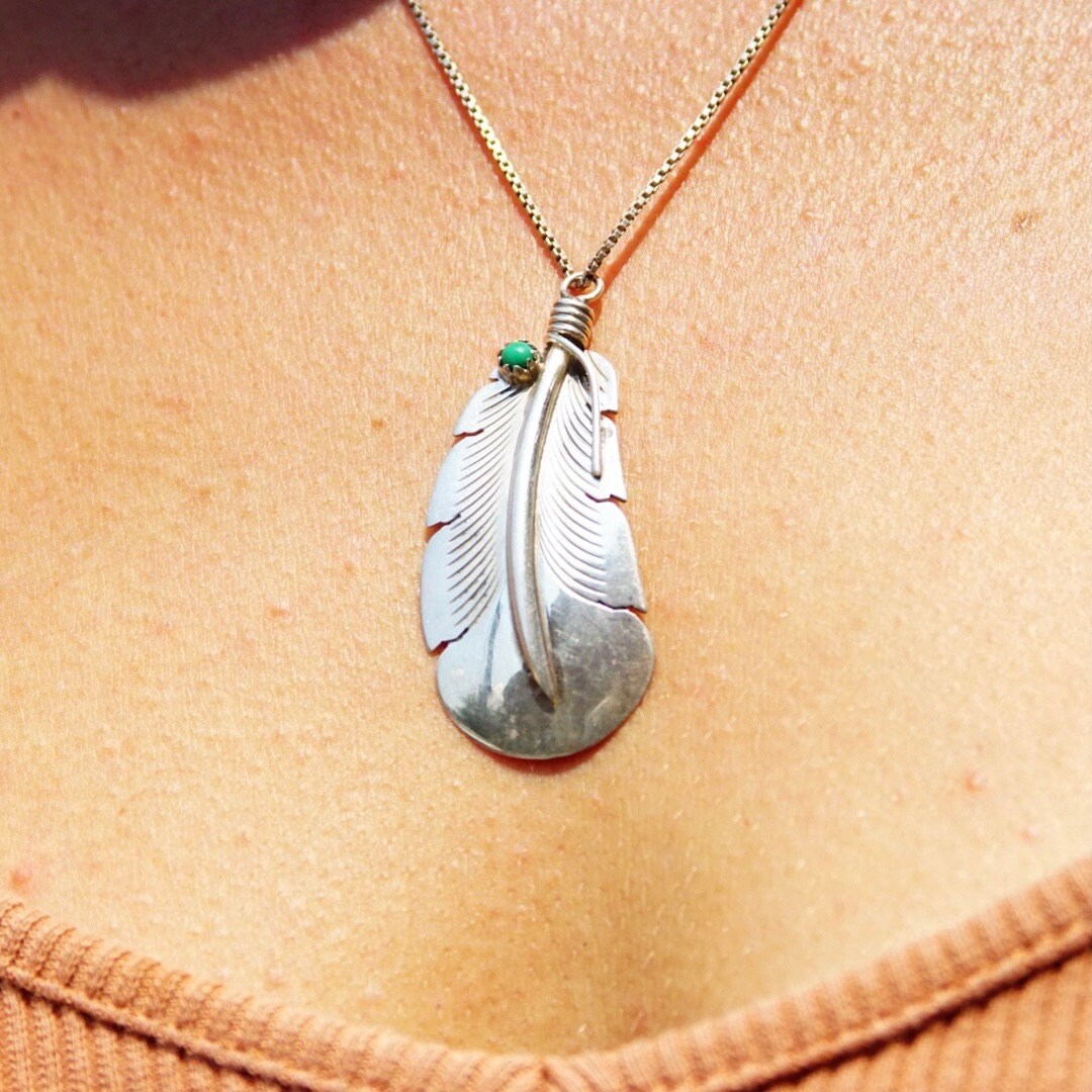 Vintage Signed E. Yazzie Sterling Silver Turquoise Bead Feather Pendant, Native American, Engraved 925 Silver, Small Green Stone, 1 7/8" L