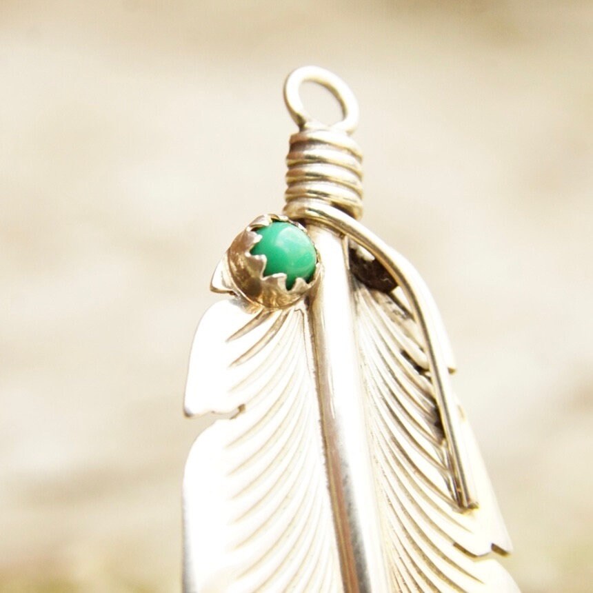 Vintage Signed E. Yazzie Sterling Silver Turquoise Bead Feather Pendant, Native American, Engraved 925 Silver, Small Green Stone, 1 7/8" L