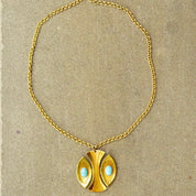 Vintage Signed Moda Handmade Gold Tone Faux Turquoise Pendant Necklace, Modernist Pendant Necklace, Handmade In Malta, 24 3/4" Long