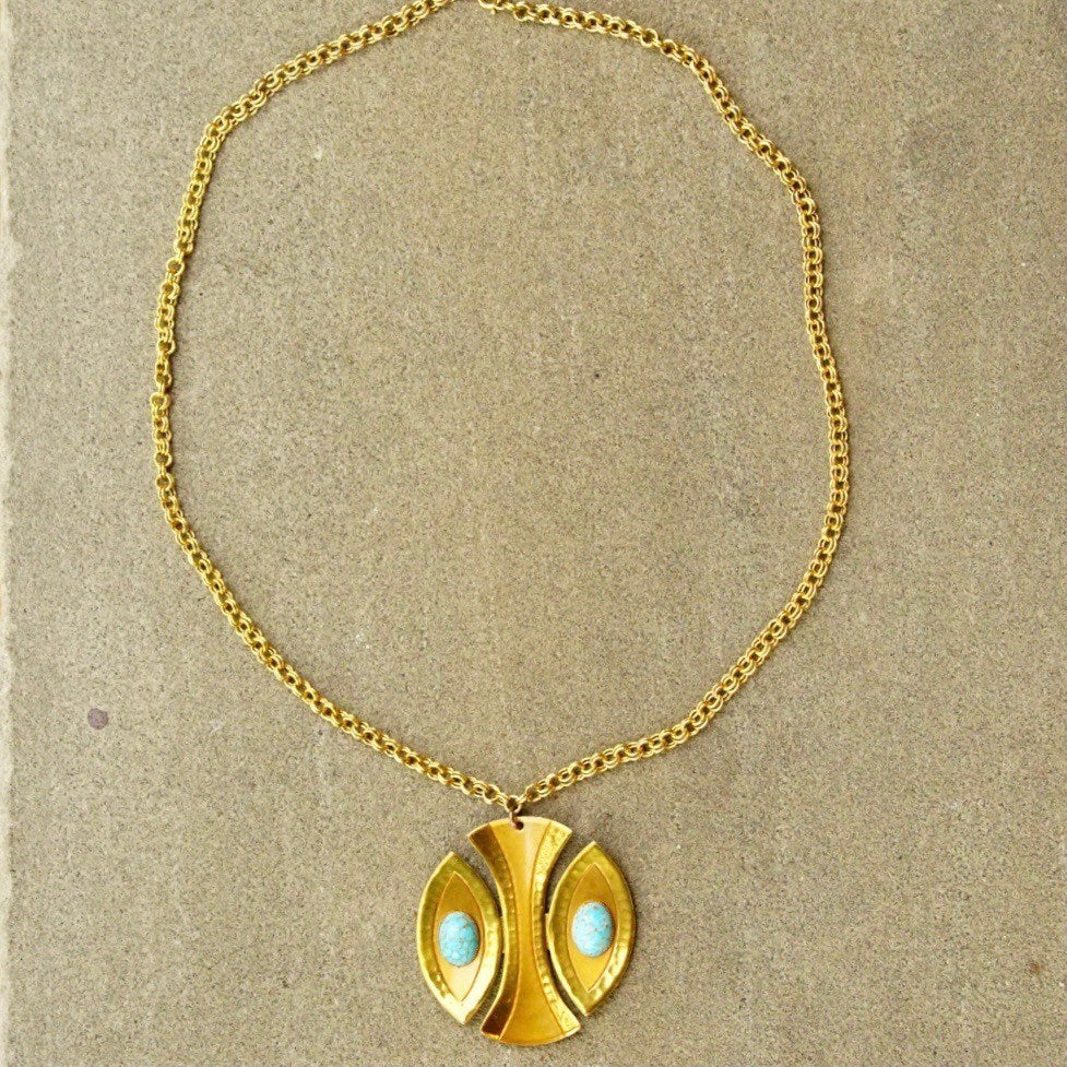 Vintage Signed Moda Handmade Gold Tone Faux Turquoise Pendant Necklace, Modernist Pendant Necklace, Handmade In Malta, 24 3/4" Long