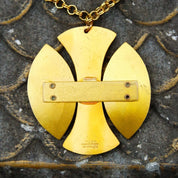 Vintage Signed Moda Handmade Gold Tone Faux Turquoise Pendant Necklace, Modernist Pendant Necklace, Handmade In Malta, 24 3/4" Long