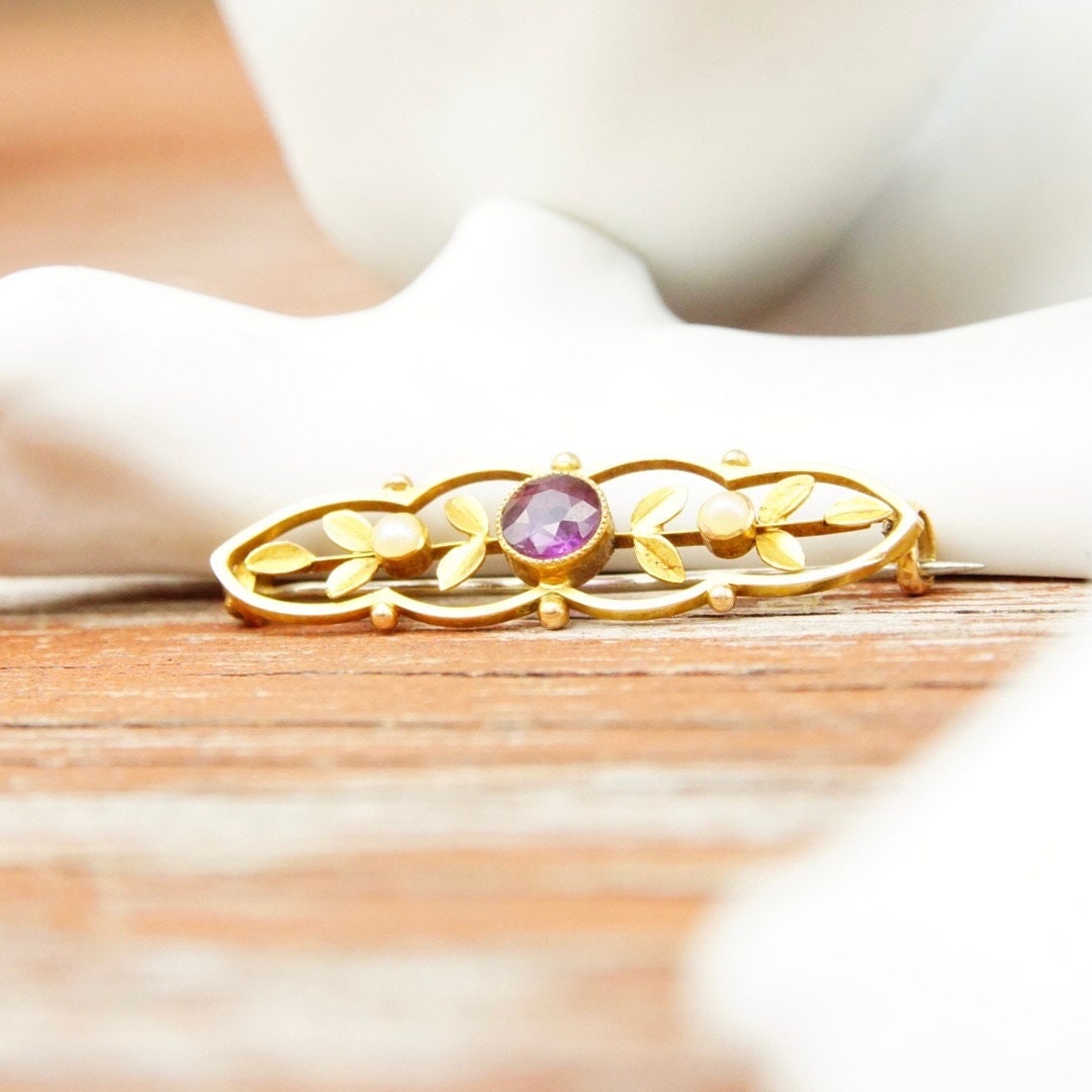 Antique Victorian 14K Gold Amethyst Seed Pearl Bar Pin, Ornate Yellow Gold Brooch, Brilliant Amethyst Gemstone, Accent Pearl Seeds, 1 1/2" L