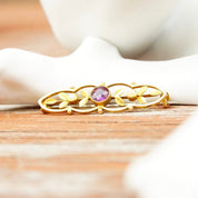 Antique Victorian 14K Gold Amethyst Seed Pearl Bar Pin, Ornate Yellow Gold Brooch, Brilliant Amethyst Gemstone, Accent Pearl Seeds, 1 1/2" L