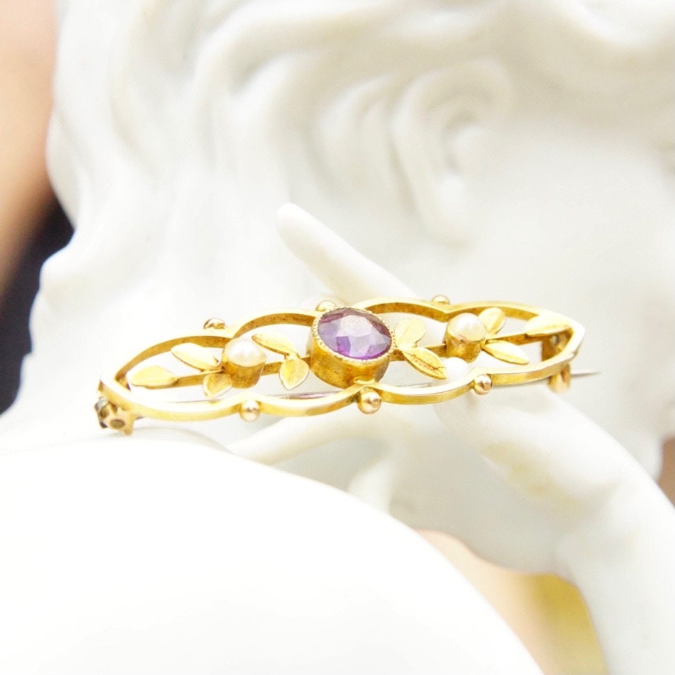 Antique Victorian 14K Gold Amethyst Seed Pearl Bar Pin, Ornate Yellow Gold Brooch, Brilliant Amethyst Gemstone, Accent Pearl Seeds, 1 1/2" L