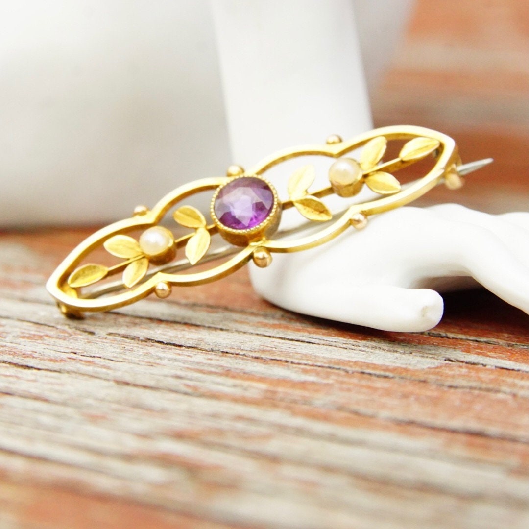 Antique Victorian 14K Gold Amethyst Seed Pearl Bar Pin, Ornate Yellow Gold Brooch, Brilliant Amethyst Gemstone, Accent Pearl Seeds, 1 1/2" L