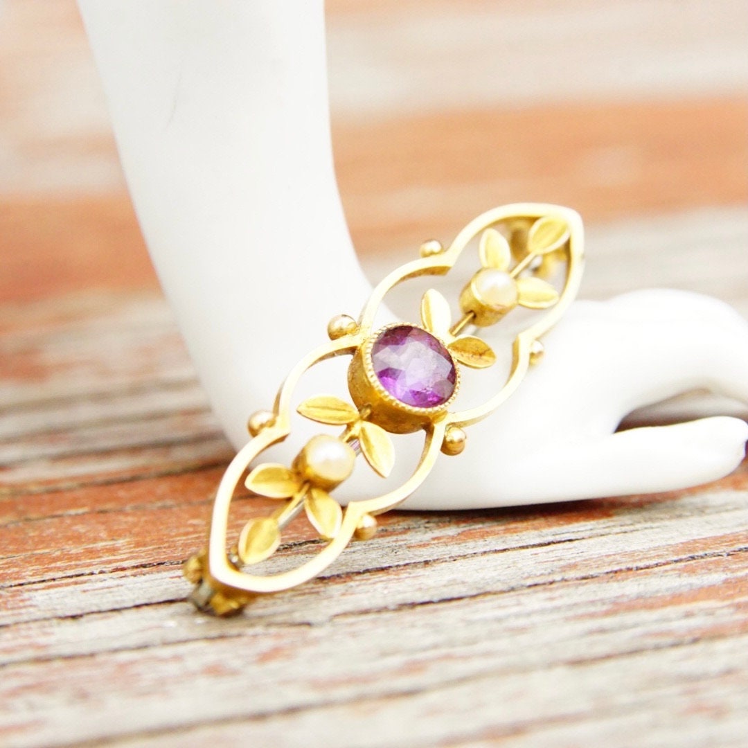 Antique Victorian 14K Gold Amethyst Seed Pearl Bar Pin, Ornate Yellow Gold Brooch, Brilliant Amethyst Gemstone, Accent Pearl Seeds, 1 1/2" L