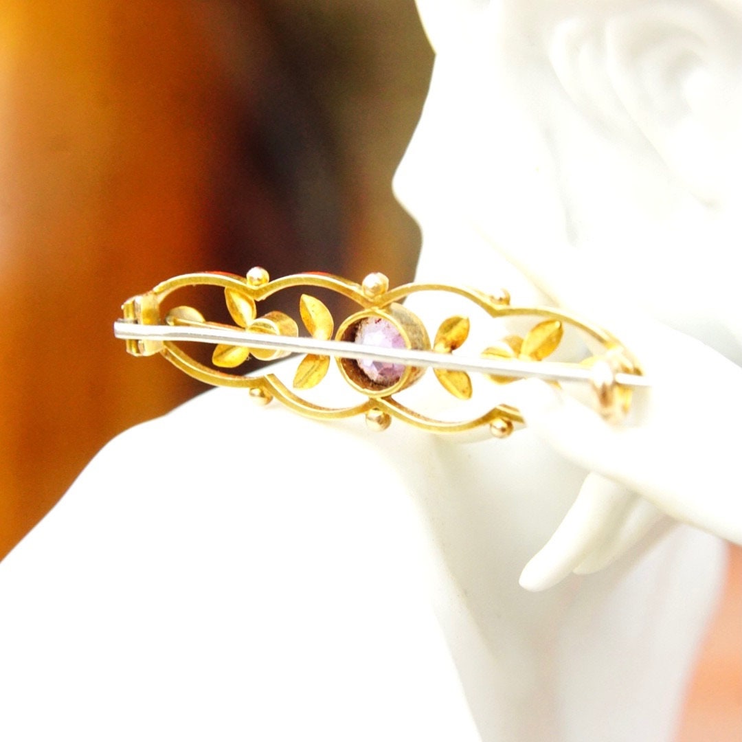 Antique Victorian 14K Gold Amethyst Seed Pearl Bar Pin, Ornate Yellow Gold Brooch, Brilliant Amethyst Gemstone, Accent Pearl Seeds, 1 1/2" L