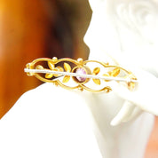 Antique Victorian 14K Gold Amethyst Seed Pearl Bar Pin, Ornate Yellow Gold Brooch, Brilliant Amethyst Gemstone, Accent Pearl Seeds, 1 1/2" L