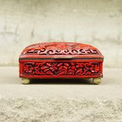 Antique Chinese Carved Cinnabar Enamel Hinge Box W/ Lid, Intricately Carved Figural Landscape, Flora/Fauna Motifs, 4" W x 3.5" D x 2" H