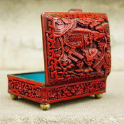 Antique Chinese Carved Cinnabar Enamel Hinge Box W/ Lid, Intricately Carved Figural Landscape, Flora/Fauna Motifs, 4" W x 3.5" D x 2" H