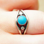 Vintage Sterling Silver Turquoise Ring, Minimalist Silver Cutout Ring, Blue Gemstone, Accent Silver Beads, 925 Jewelry, Size 7 3/4 US
