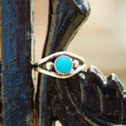 Vintage Sterling Silver Turquoise Ring, Minimalist Silver Cutout Ring, Blue Gemstone, Accent Silver Beads, 925 Jewelry, Size 7 3/4 US