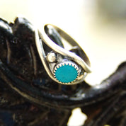 Vintage Sterling Silver Turquoise Ring, Minimalist Silver Cutout Ring, Blue Gemstone, Accent Silver Beads, 925 Jewelry, Size 7 3/4 US