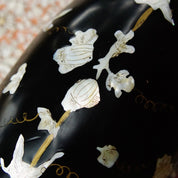 Vintage Japanese Black Lacquer Mother Of Pearl Inlay Melon Box, Inlaid Vine Scroll Design, Iridescent Shell, Oval Box With Lid, 7" L