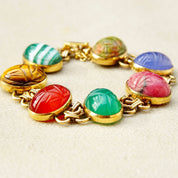 Vintage 14KT Gold Filled Multi-Stone Scarab Bracelet, Double Link Carved Gemstone Bracelet, 7 Scarab Beads, Security Chain, 6 1/2" L