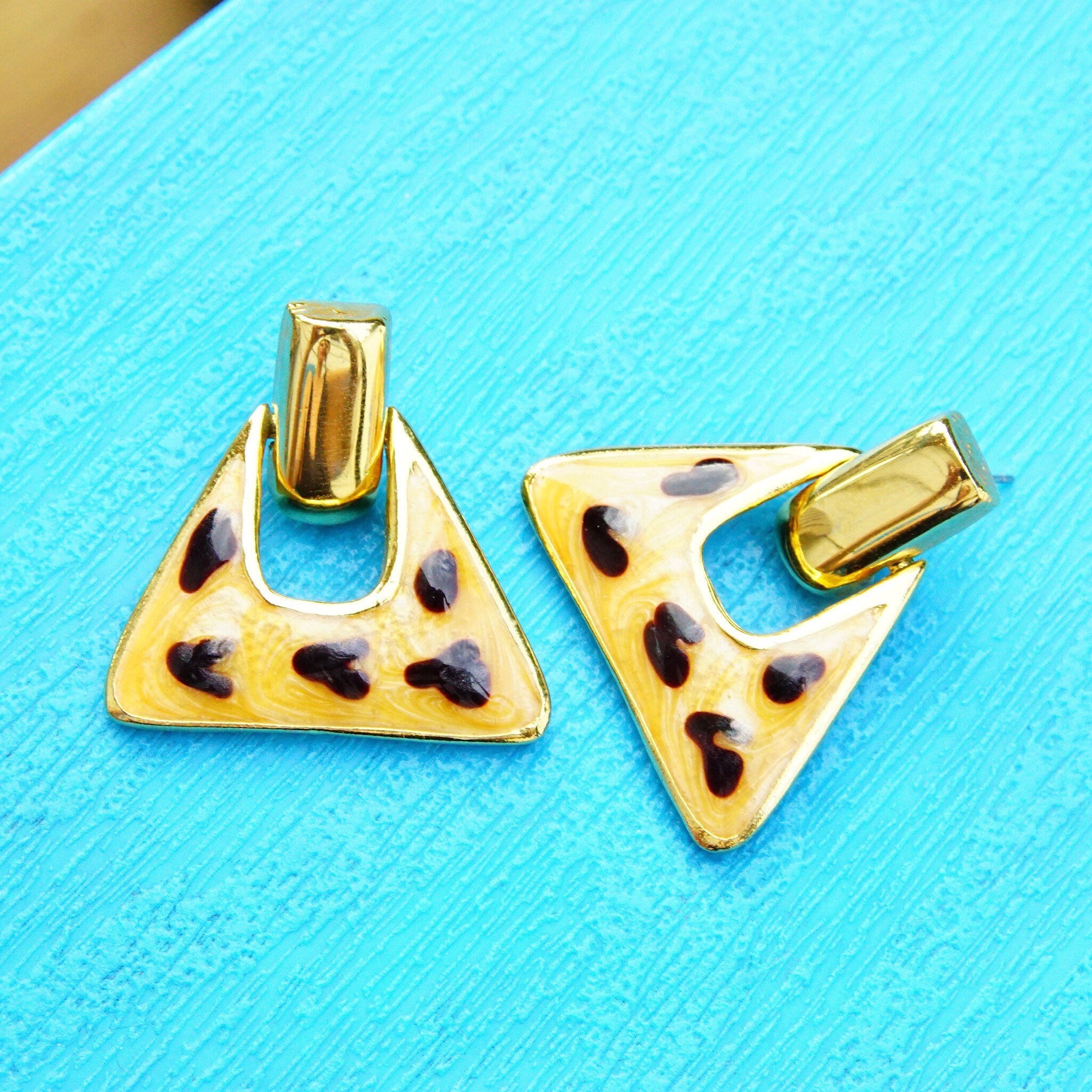 Vintage Gold Tone Enamel Dangle Earrings, Chunky Triangle Earrings, Hinged Stud Earrings W/ Cheetah Spots, Statement Jewelry, 1 1/4 L