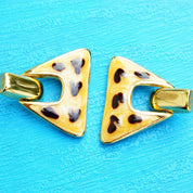 Vintage Gold Tone Enamel Dangle Earrings, Chunky Triangle Earrings, Hinged Stud Earrings W/ Cheetah Spots, Statement Jewelry, 1 1/4 L