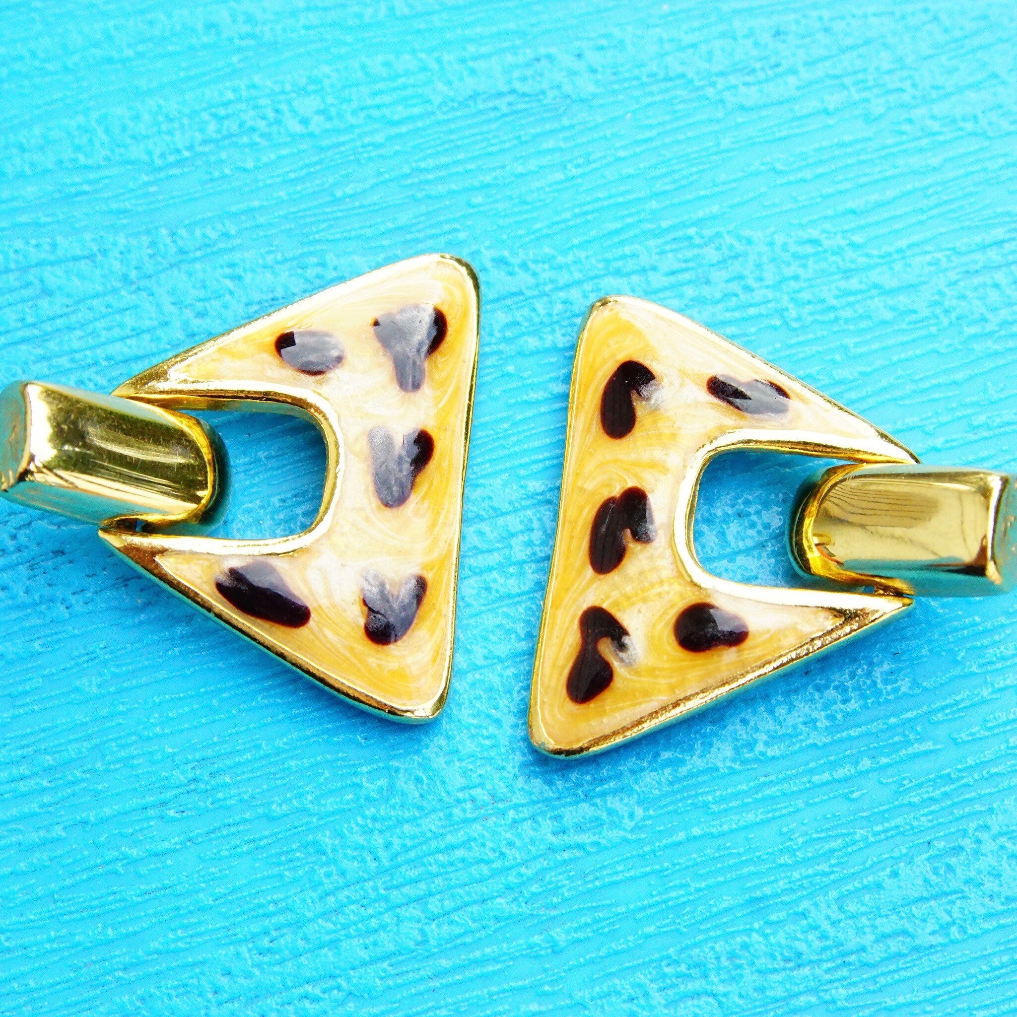 Vintage Gold Tone Enamel Dangle Earrings, Chunky Triangle Earrings, Hinged Stud Earrings W/ Cheetah Spots, Statement Jewelry, 1 1/4 L