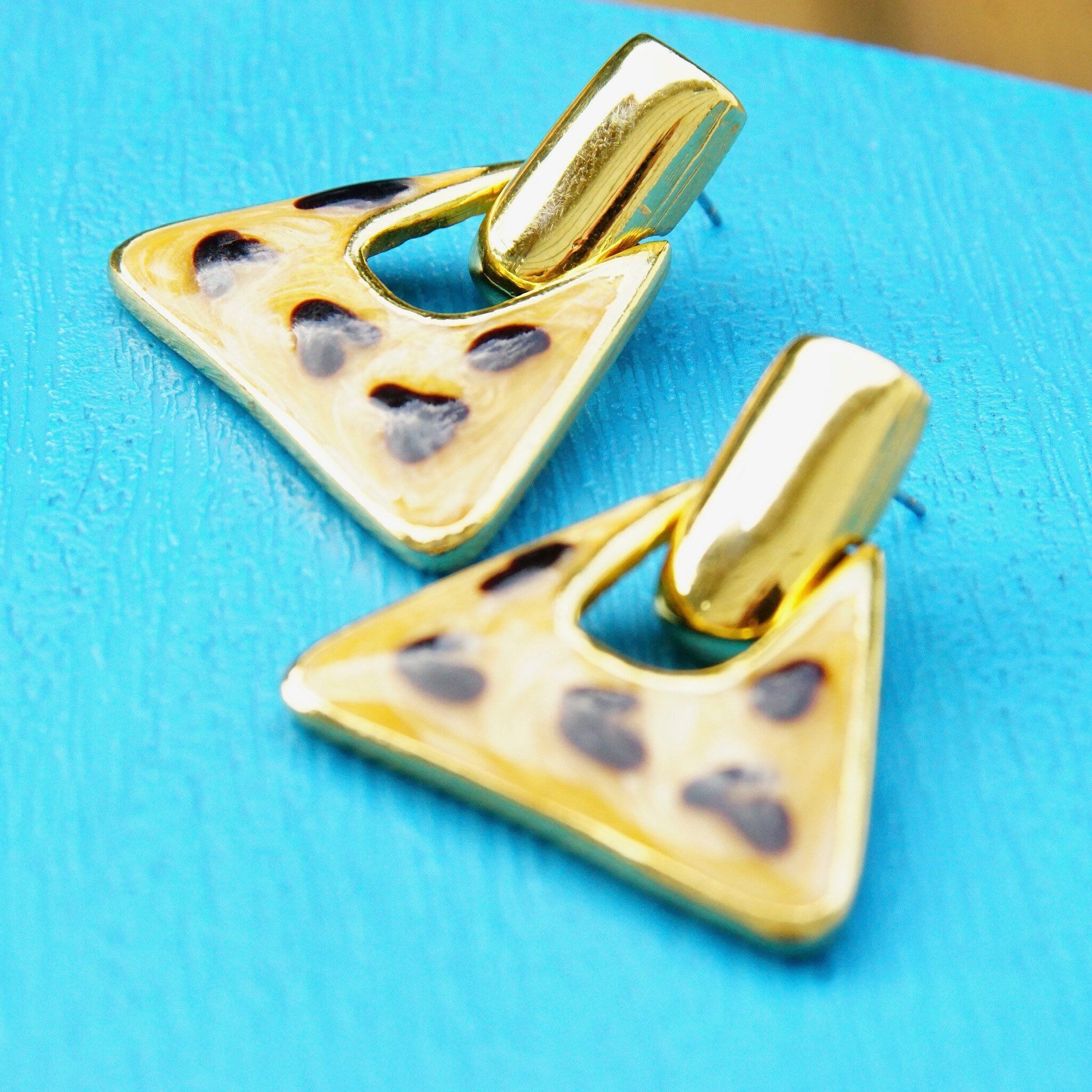 Vintage Gold Tone Enamel Dangle Earrings, Chunky Triangle Earrings, Hinged Stud Earrings W/ Cheetah Spots, Statement Jewelry, 1 1/4 L