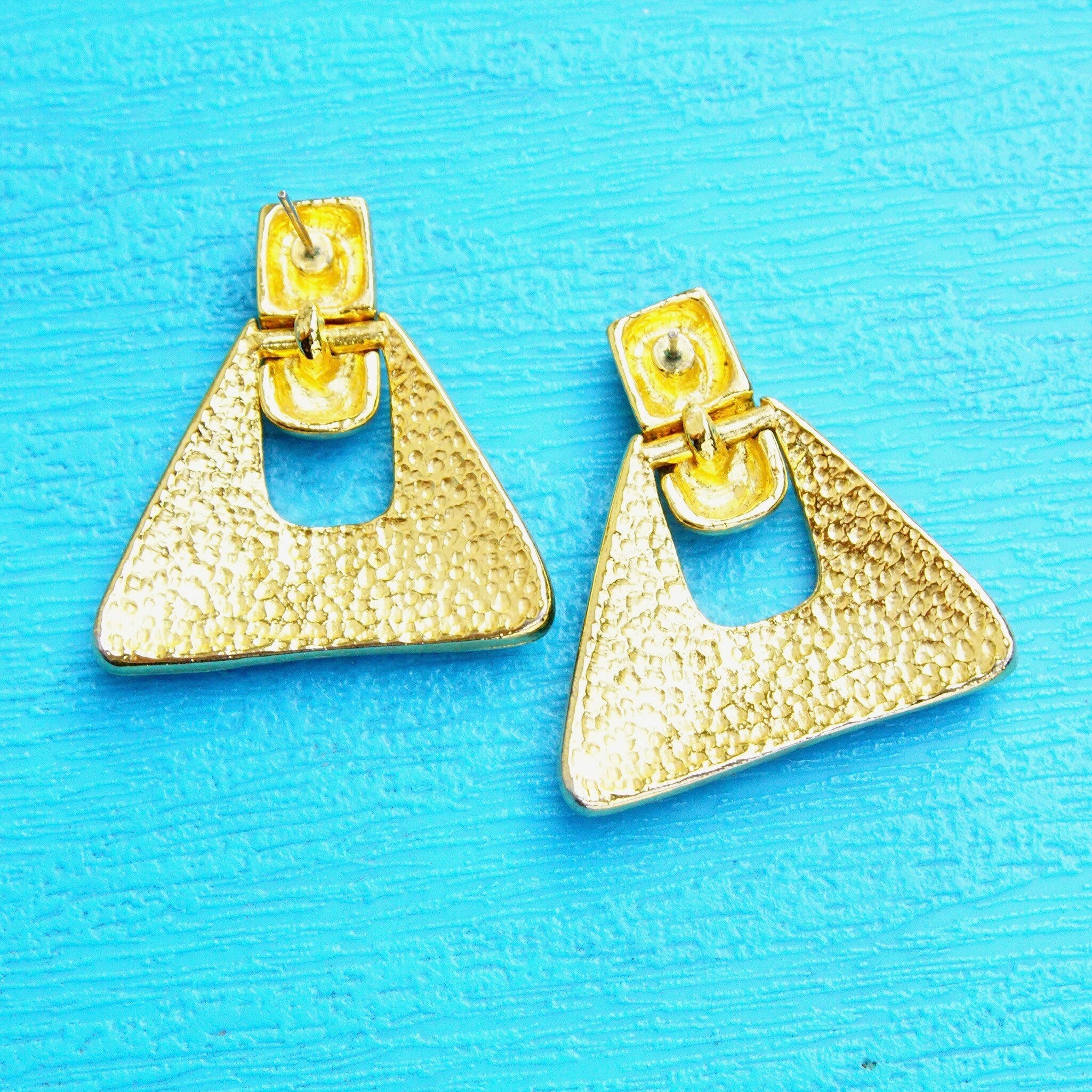 Vintage Gold Tone Enamel Dangle Earrings, Chunky Triangle Earrings, Hinged Stud Earrings W/ Cheetah Spots, Statement Jewelry, 1 1/4 L