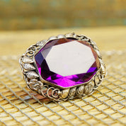 Vintage Sterling Silver Amethyst Brooch, Silver Leaf Frame, Large Faceted Purple Gemstone, Beautiful Amethyst Pin, 1 1/2 W x 1 1/8 L