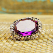 Vintage Sterling Silver Amethyst Brooch, Silver Leaf Frame, Large Faceted Purple Gemstone, Beautiful Amethyst Pin, 1 1/2 W x 1 1/8 L