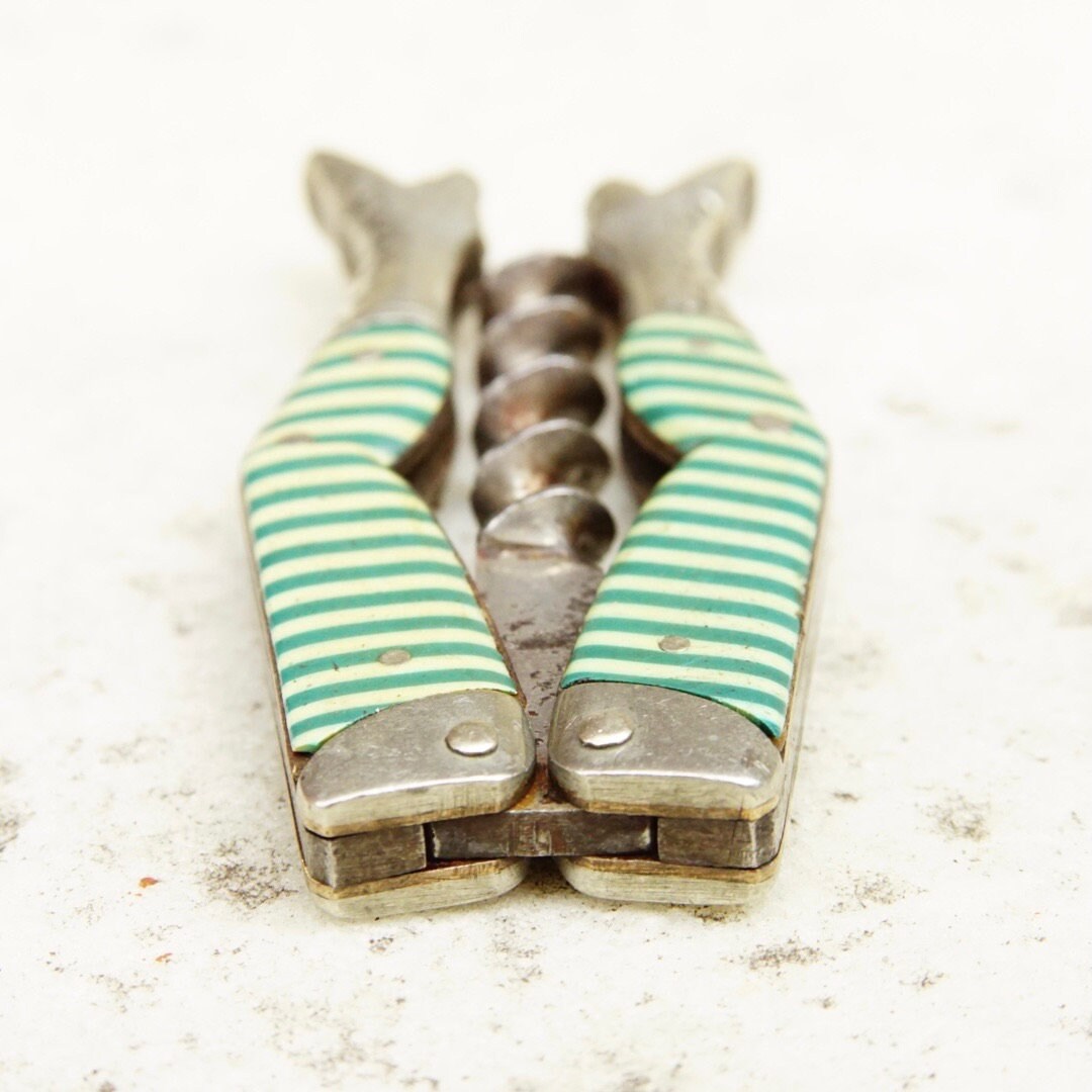 Antique German Ladies Legs Green and White Striped Corkscrew, Signed G & S Germany, Rare Unique Wine Bottle Opener, 2 3/4" Long