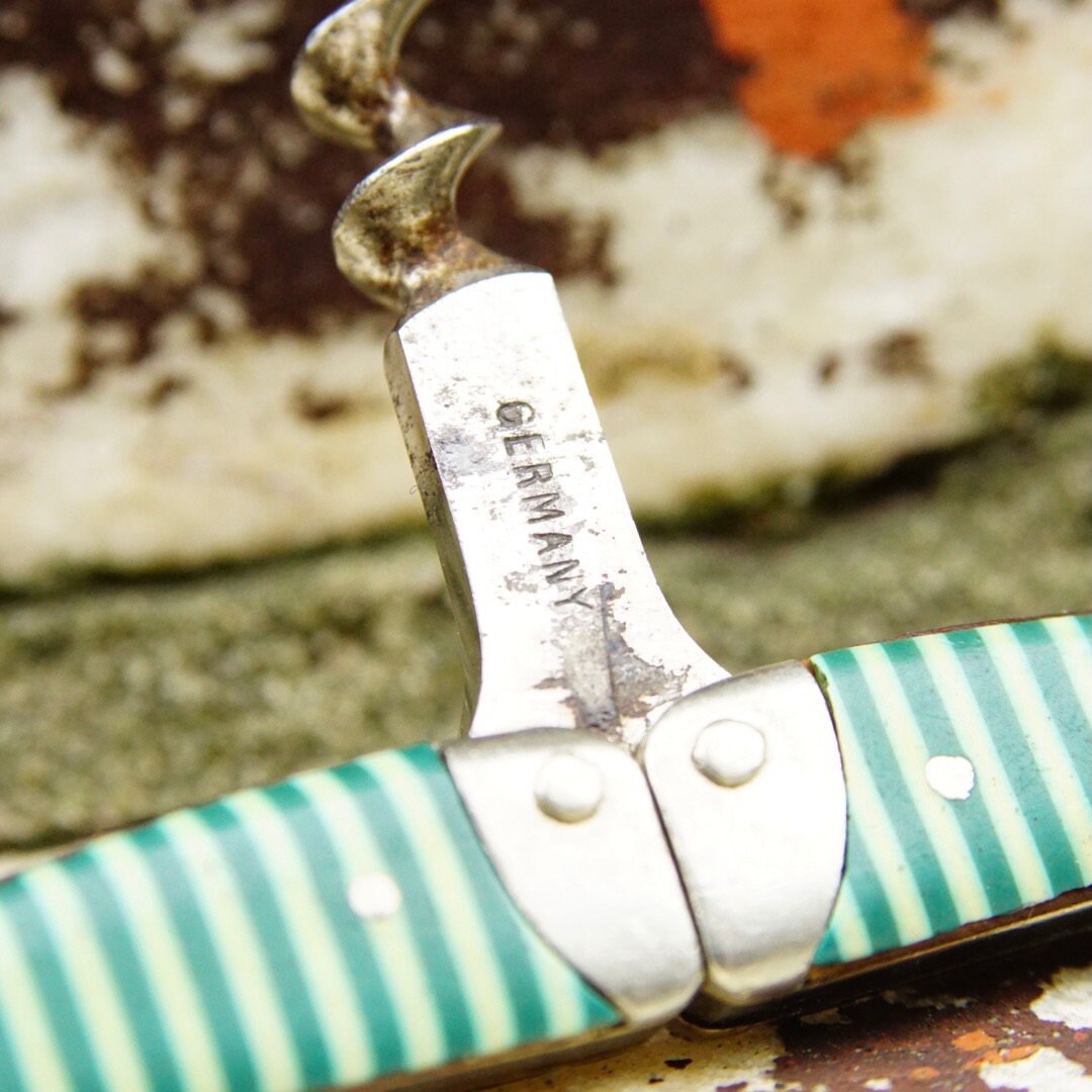 Antique German Ladies Legs Green and White Striped Corkscrew, Signed G & S Germany, Rare Unique Wine Bottle Opener, 2 3/4" Long