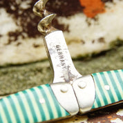 Antique German Ladies Legs Green and White Striped Corkscrew, Signed G & S Germany, Rare Unique Wine Bottle Opener, 2 3/4" Long