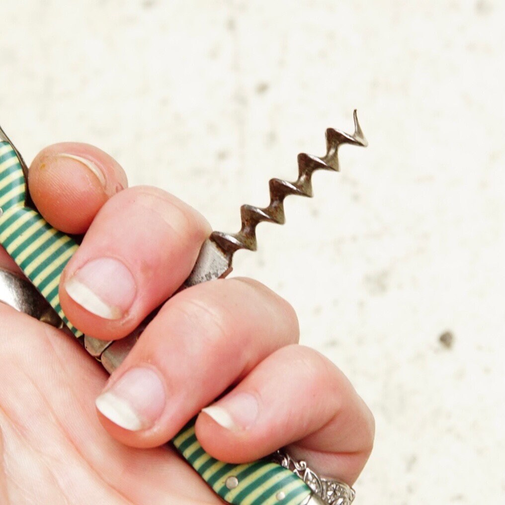 Antique German Ladies Legs Green and White Striped Corkscrew, Signed G & S Germany, Rare Unique Wine Bottle Opener, 2 3/4" Long