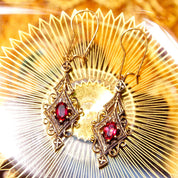 Vintage 14K Gold Red Ruby Dangle Pendant Earrings, Elegant Ornate Earrings With Marquise Gemstones, Art Deco/Nouveau, Kidney Hooks,2 L