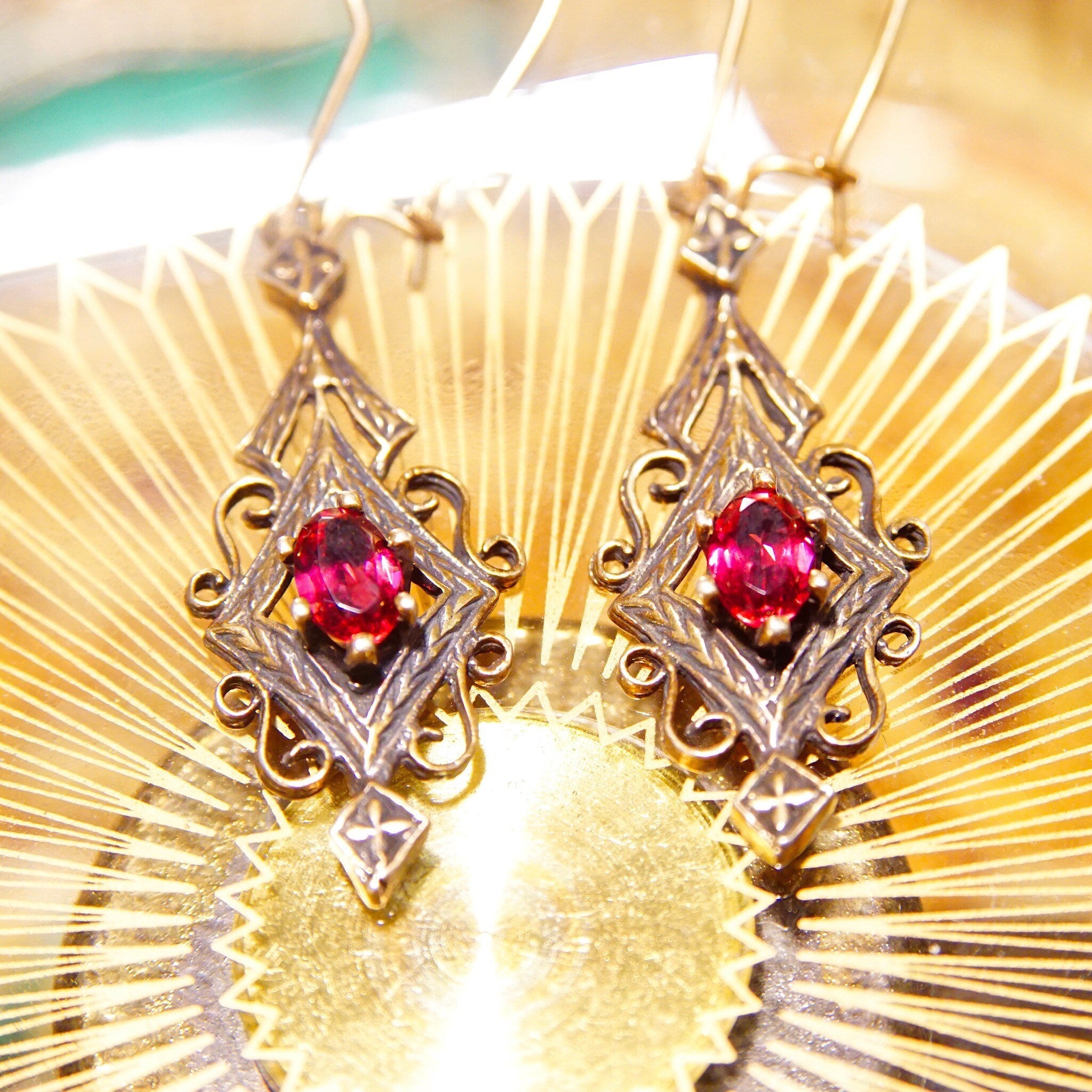 Vintage 14K Gold Red Ruby Dangle Pendant Earrings, Elegant Ornate Earrings With Marquise Gemstones, Art Deco/Nouveau, Kidney Hooks,2 L