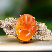 Vintage Art Deco Sterling Silver Carnelian & Pearl Seed Brooch Pin, Carved Orange/Red Carnelian Stone, Ornate Silver Setting, 1 3/4" L