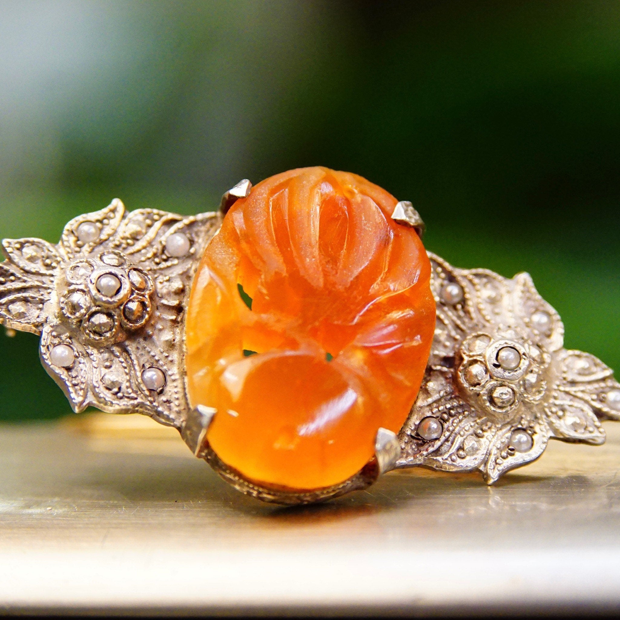 Vintage Art Deco Sterling Silver Carnelian & Pearl Seed Brooch Pin, Carved Orange/Red Carnelian Stone, Ornate Silver Setting, 1 3/4" L