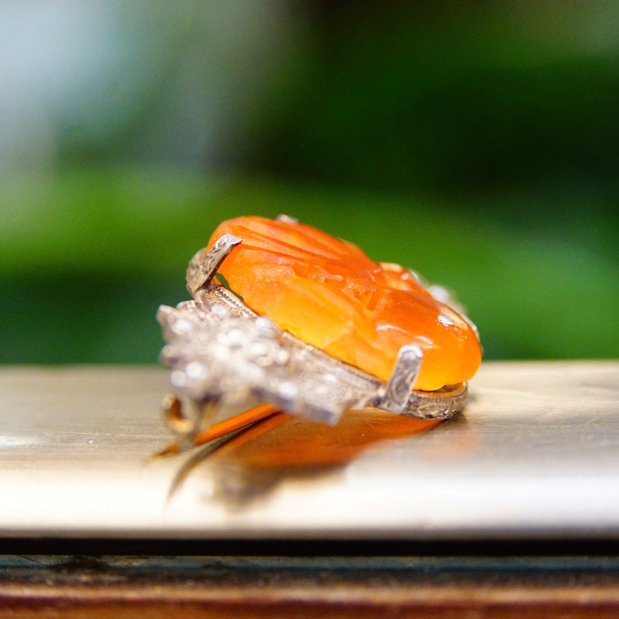 Vintage Art Deco Sterling Silver Carnelian & Pearl Seed Brooch Pin, Carved Orange/Red Carnelian Stone, Ornate Silver Setting, 1 3/4" L