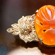 Vintage Art Deco Sterling Silver Carnelian & Pearl Seed Brooch Pin, Carved Orange/Red Carnelian Stone, Ornate Silver Setting, 1 3/4" L