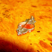 Vintage Art Deco Sterling Silver Carnelian & Pearl Seed Brooch Pin, Carved Orange/Red Carnelian Stone, Ornate Silver Setting, 1 3/4" L