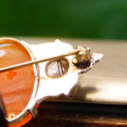 Vintage Art Deco Sterling Silver Carnelian & Pearl Seed Brooch Pin, Carved Orange/Red Carnelian Stone, Ornate Silver Setting, 1 3/4" L