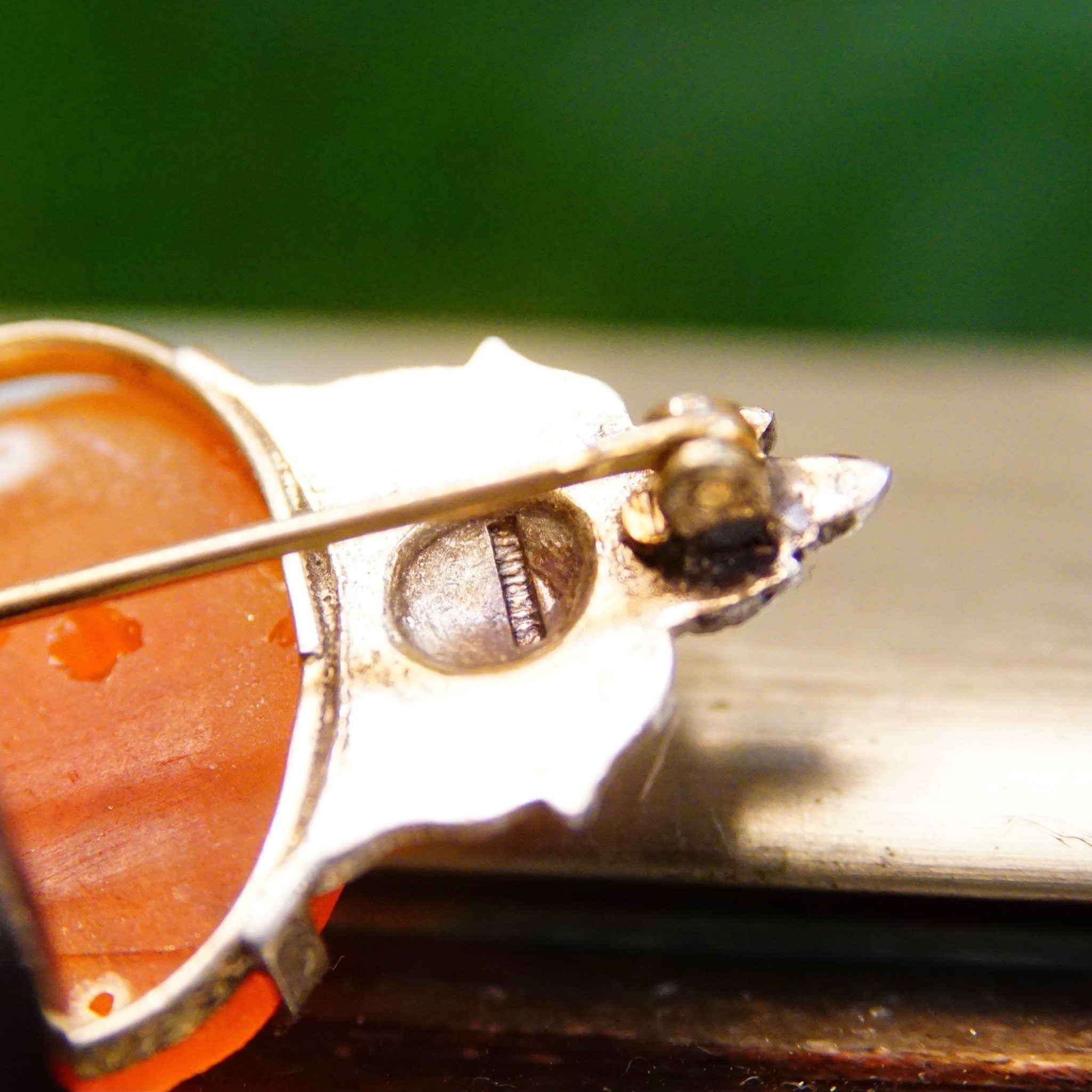 Vintage Art Deco Sterling Silver Carnelian & Pearl Seed Brooch Pin, Carved Orange/Red Carnelian Stone, Ornate Silver Setting, 1 3/4" L