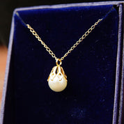 Vintage 14K Yellow Gold Solitaire Pearl Pendant Necklace, Cultured Pearl Drop With Gold Crown Cap, Delicate Gold Chain, 15" Long