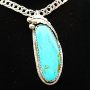 Vintage Signed Native American Sterling Silver Turquoise Pendant, E Sterling, Large Blue Turquoise Stone, Silver Leaf & Berry Design, 2 3/4"