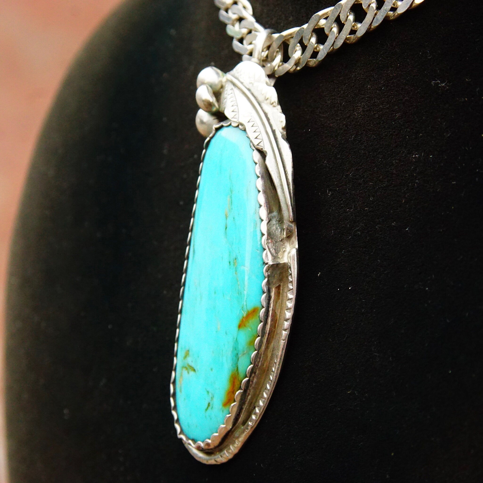 Vintage Signed Native American Sterling Silver Turquoise Pendant, E Sterling, Large Blue Turquoise Stone, Silver Leaf & Berry Design, 2 3/4"